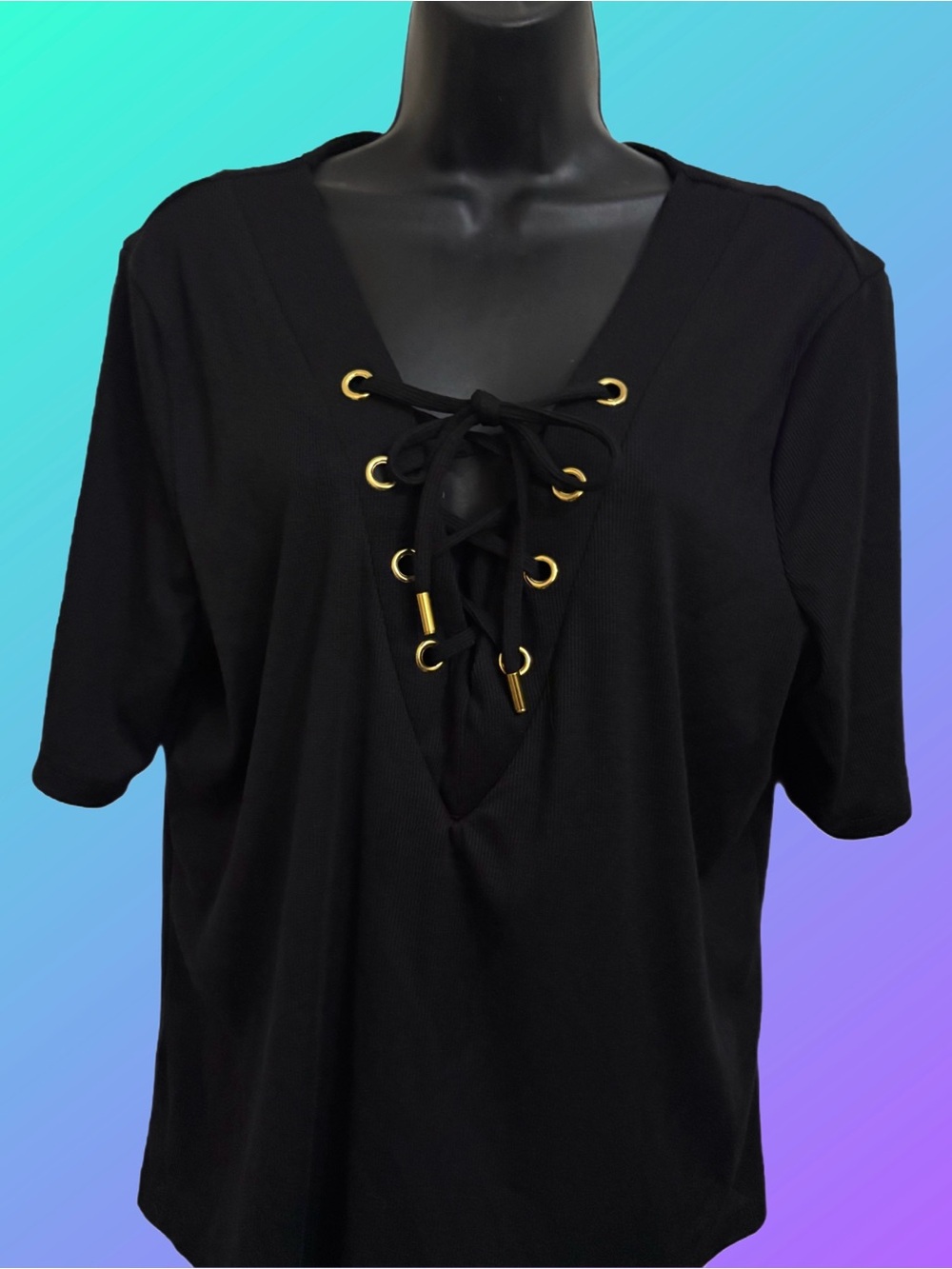 Black Lace-Up V-Neck Women’s Top by Adrianne Vittadini ⭐️NWT⭐️